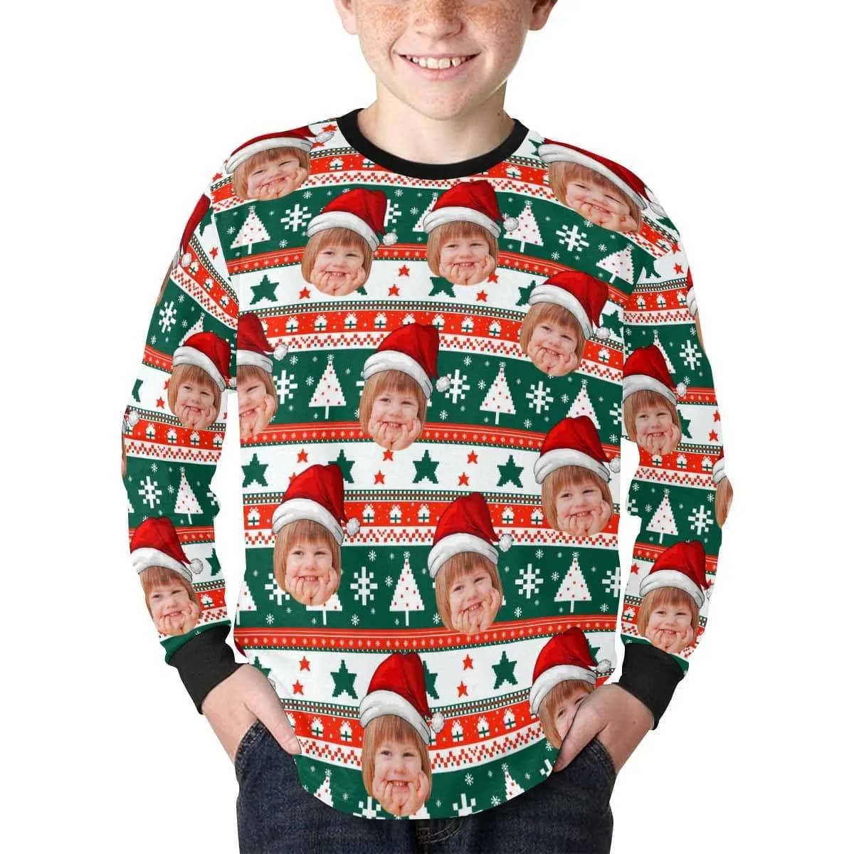 #7-16Y Custom Face Christmas Kids' Rib Cuff Long Sleeve T-shirt