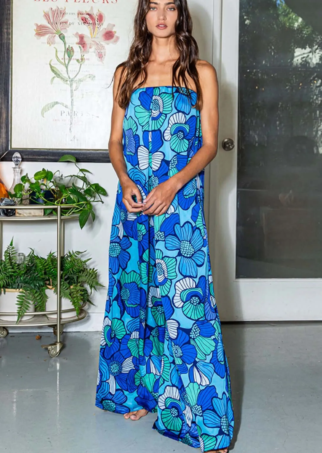 A Blue Floral Resort Wear Strapless Jumpsuit Made in USA by Bucket List