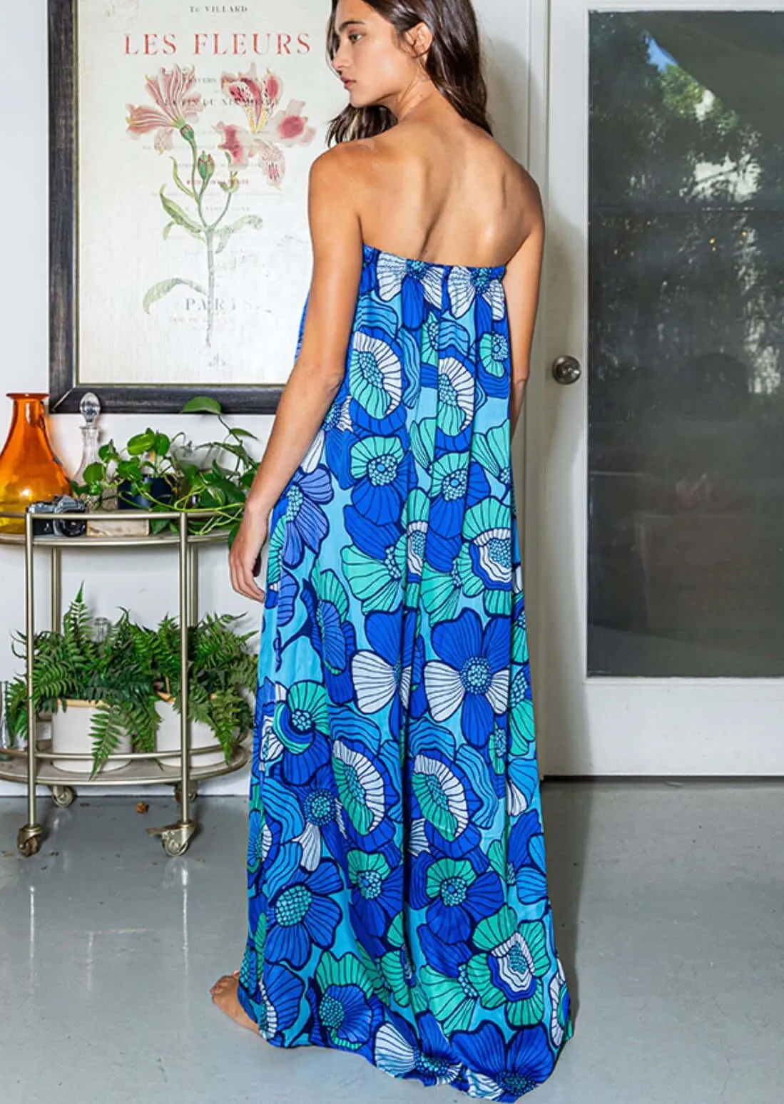 A Blue Floral Resort Wear Strapless Jumpsuit Made in USA by Bucket List