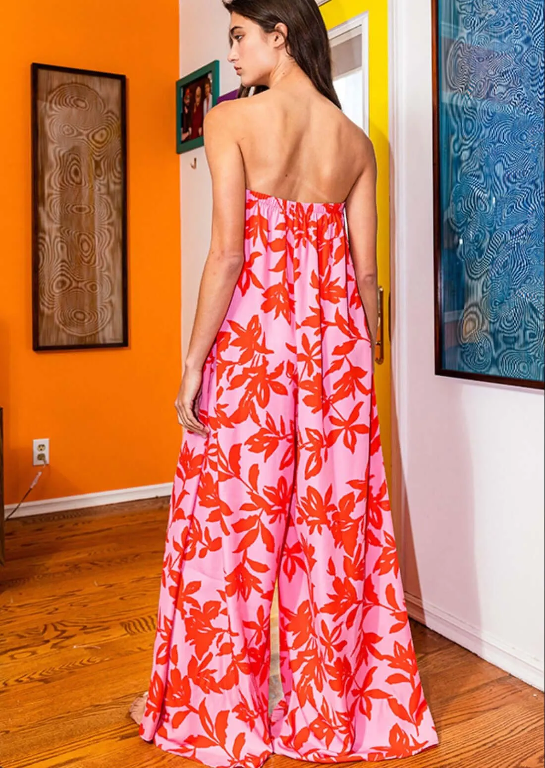 After Party Pink Floral Resort Wear Strapless Jumpsuit Made in USA
