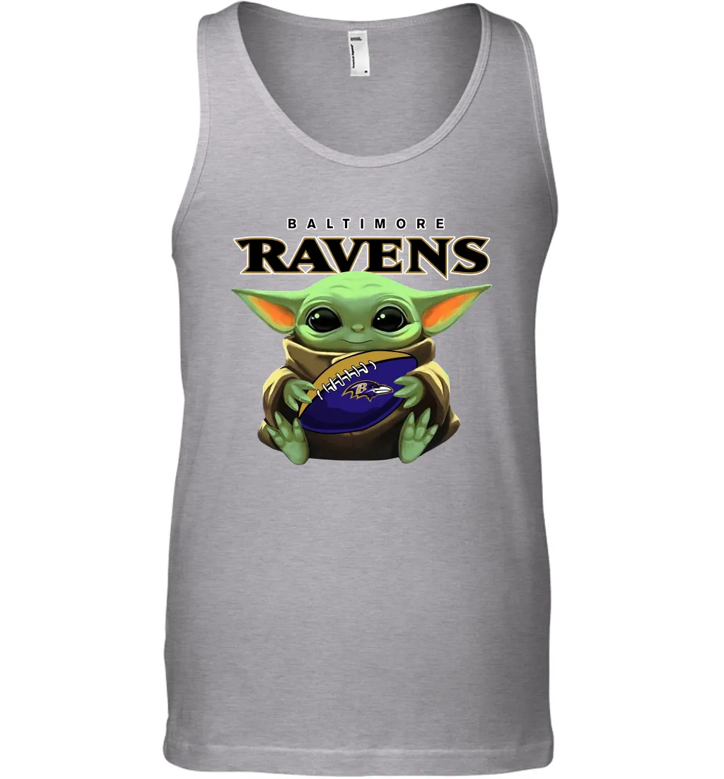 Baby Yoda Loves The Baltimore Ravens Star Wars Baby Yoda Hugs Ravens NFL Mens Tank Top