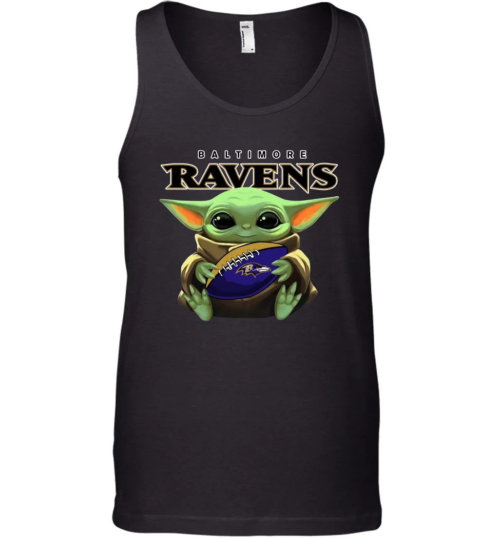 Baby Yoda Loves The Baltimore Ravens Star Wars Baby Yoda Hugs Ravens NFL Mens Tank Top
