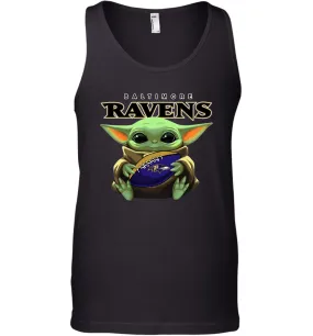 Baby Yoda Loves The Baltimore Ravens Star Wars Baby Yoda Hugs Ravens NFL Mens Tank Top