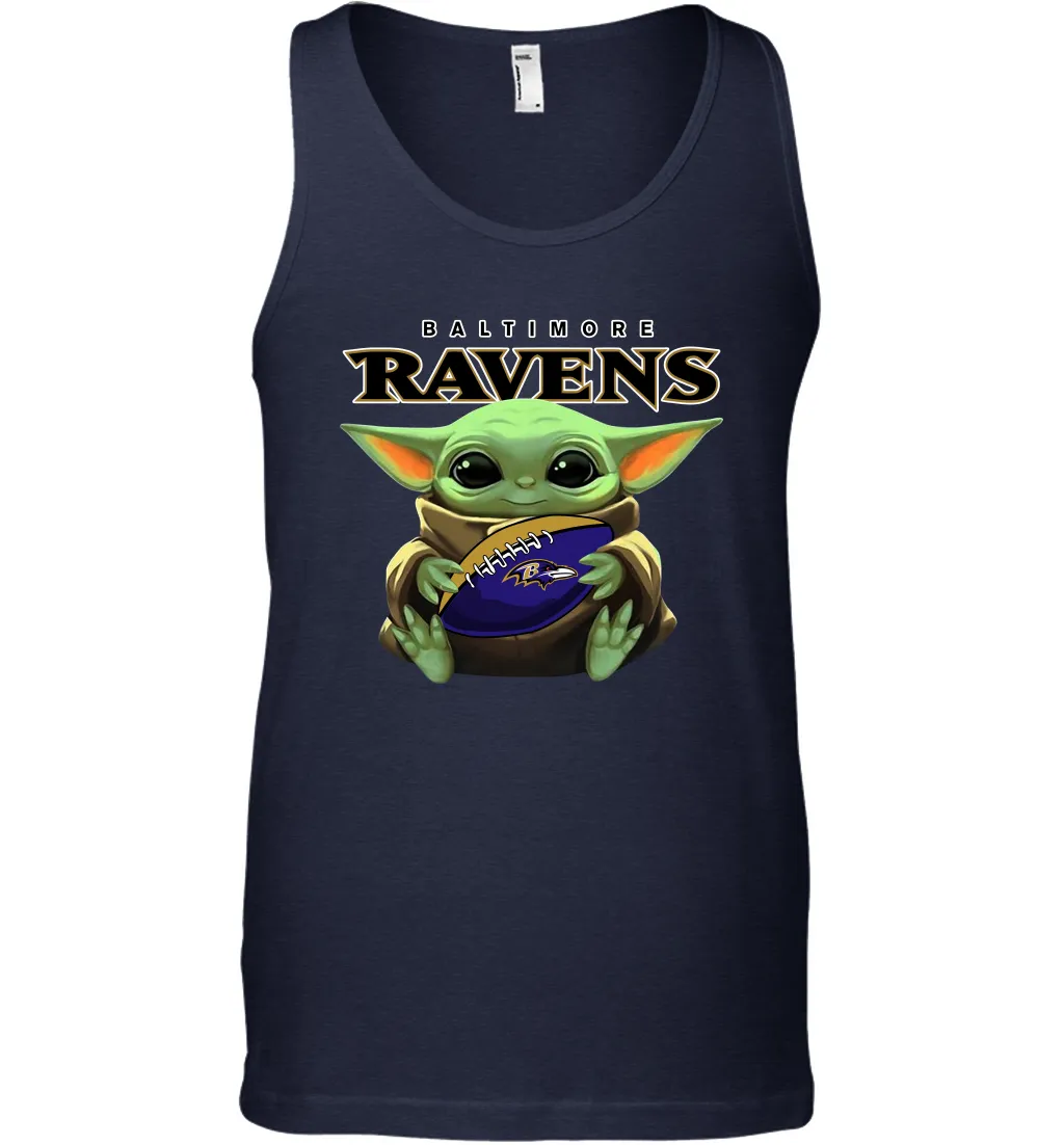 Baby Yoda Loves The Baltimore Ravens Star Wars Baby Yoda Hugs Ravens NFL Mens Tank Top