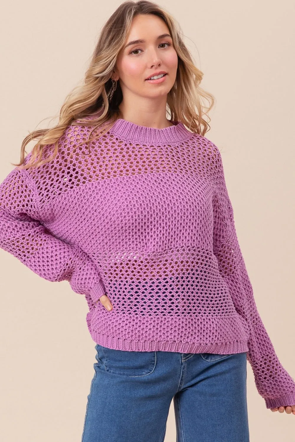 BiBi Openwork Long Sleeve Knit Top in Berry