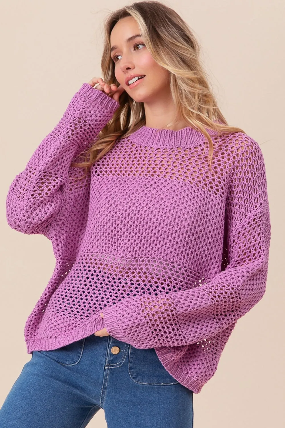 BiBi Openwork Long Sleeve Knit Top in Berry