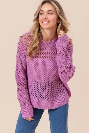 BiBi Openwork Long Sleeve Knit Top in Berry