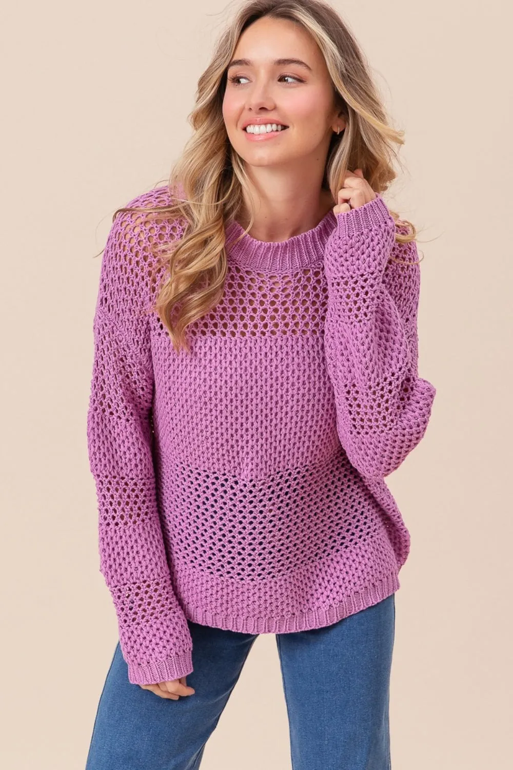 BiBi Openwork Long Sleeve Knit Top in Berry