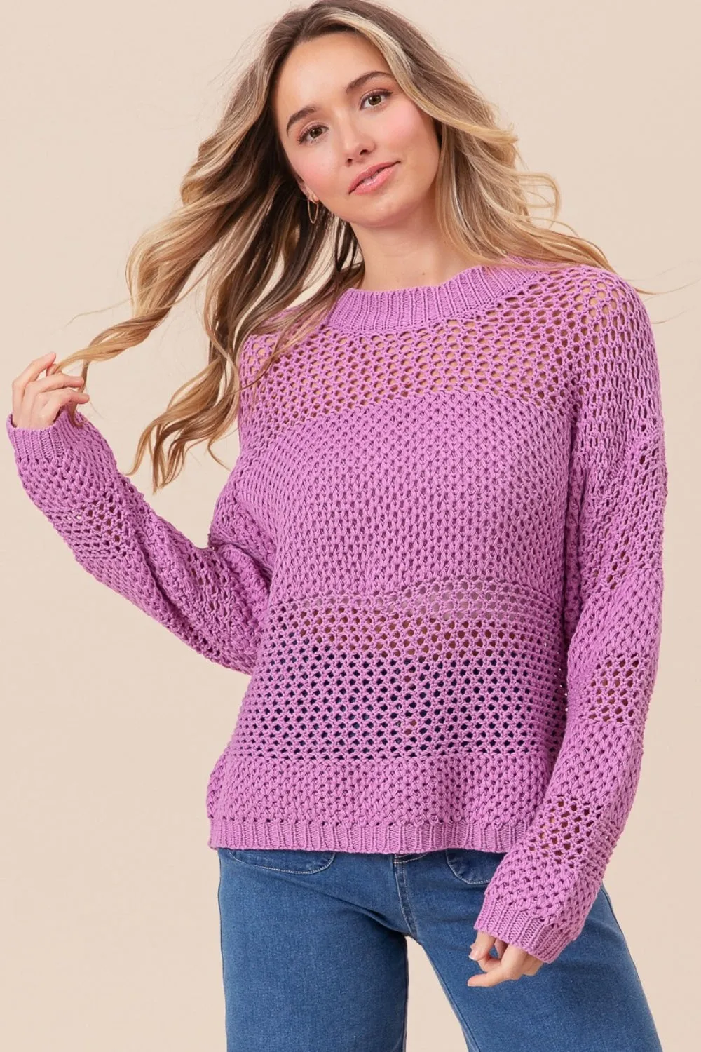 BiBi Openwork Long Sleeve Knit Top in Berry