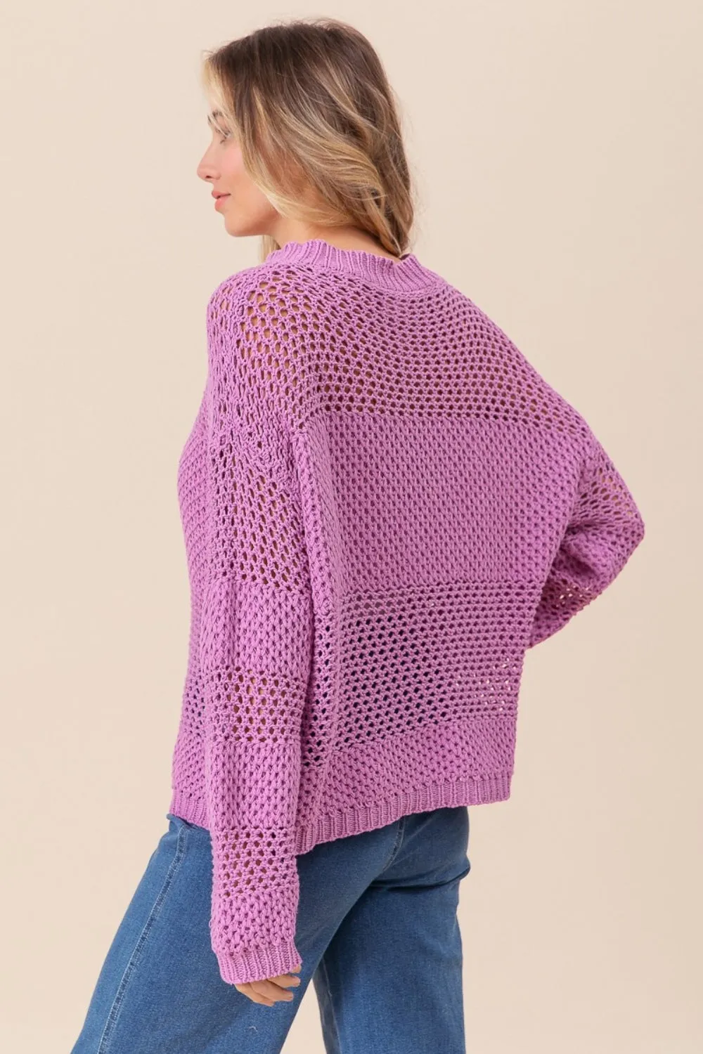 BiBi Openwork Long Sleeve Knit Top in Berry