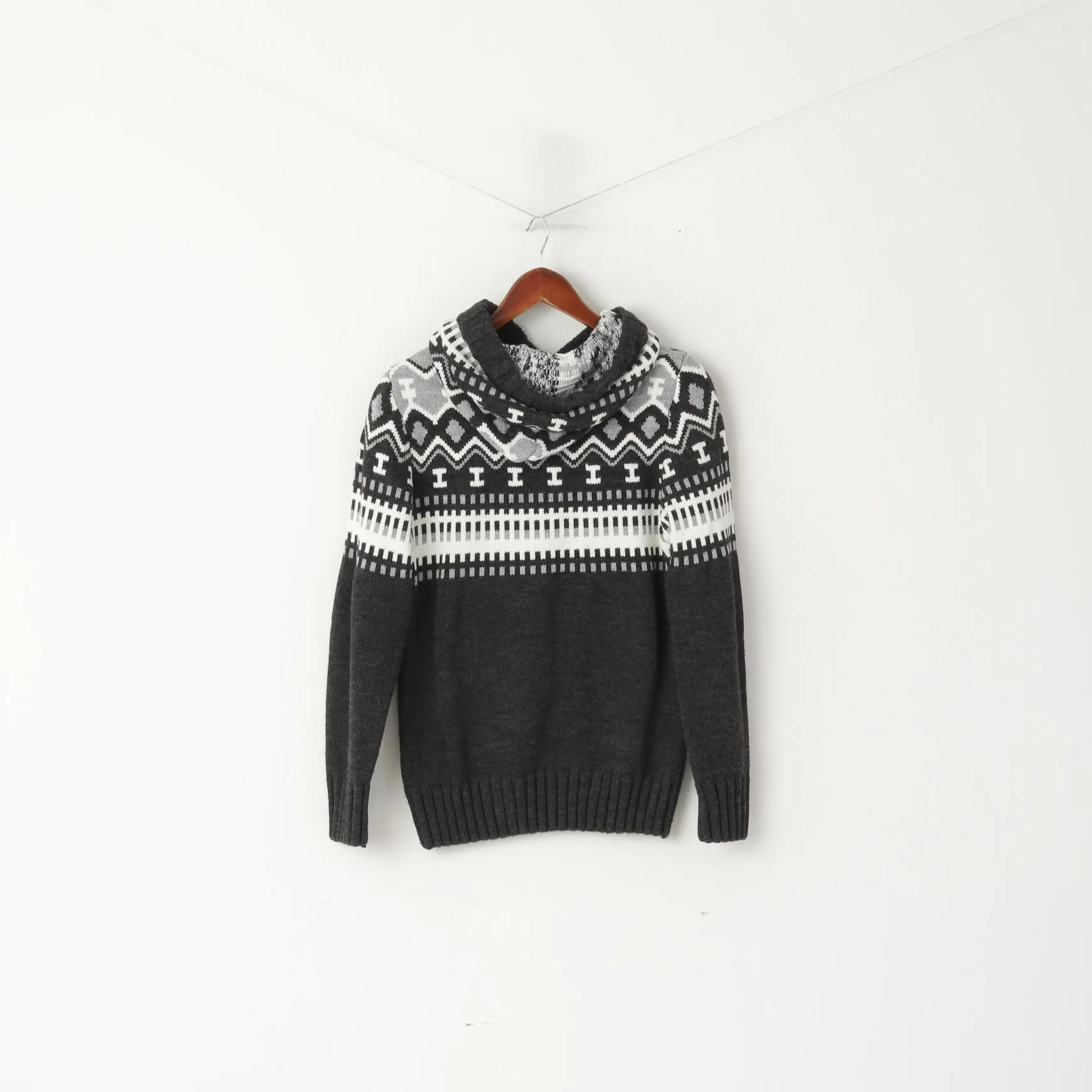 Bigoss Women M Jumper Grey Wool Blend Hooded Nordic Print Sweater