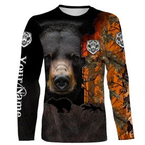 Black Bear Hunting Dog Orange Camo Custom Name 3D Long Sleeve Shirts Personalized Hunting Christmas Shirt