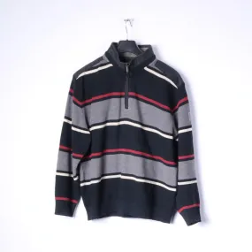 BRAX Mens 52 L Jumper Black Striped Zip Neck Wool Cotton Blend Sweater