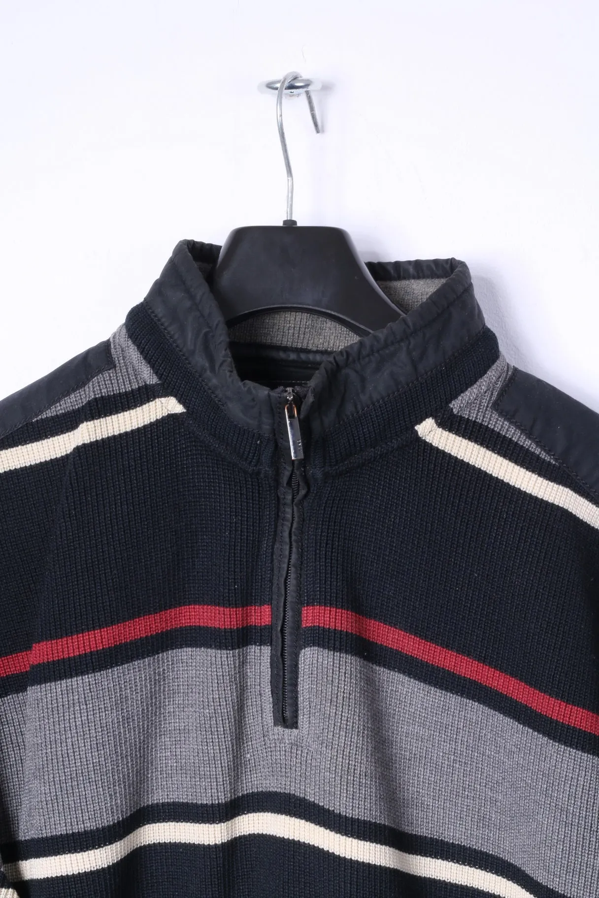BRAX Mens 52 L Jumper Black Striped Zip Neck Wool Cotton Blend Sweater