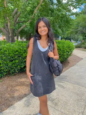 Charcoal Black Denim Overall Dress with Front Pockets