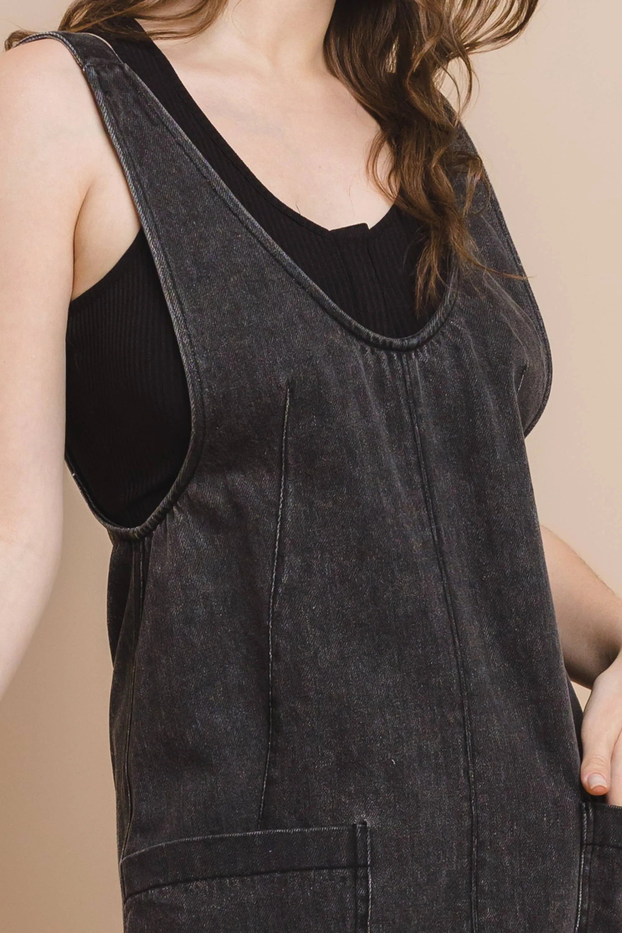 Charcoal Black Denim Overall Dress with Front Pockets