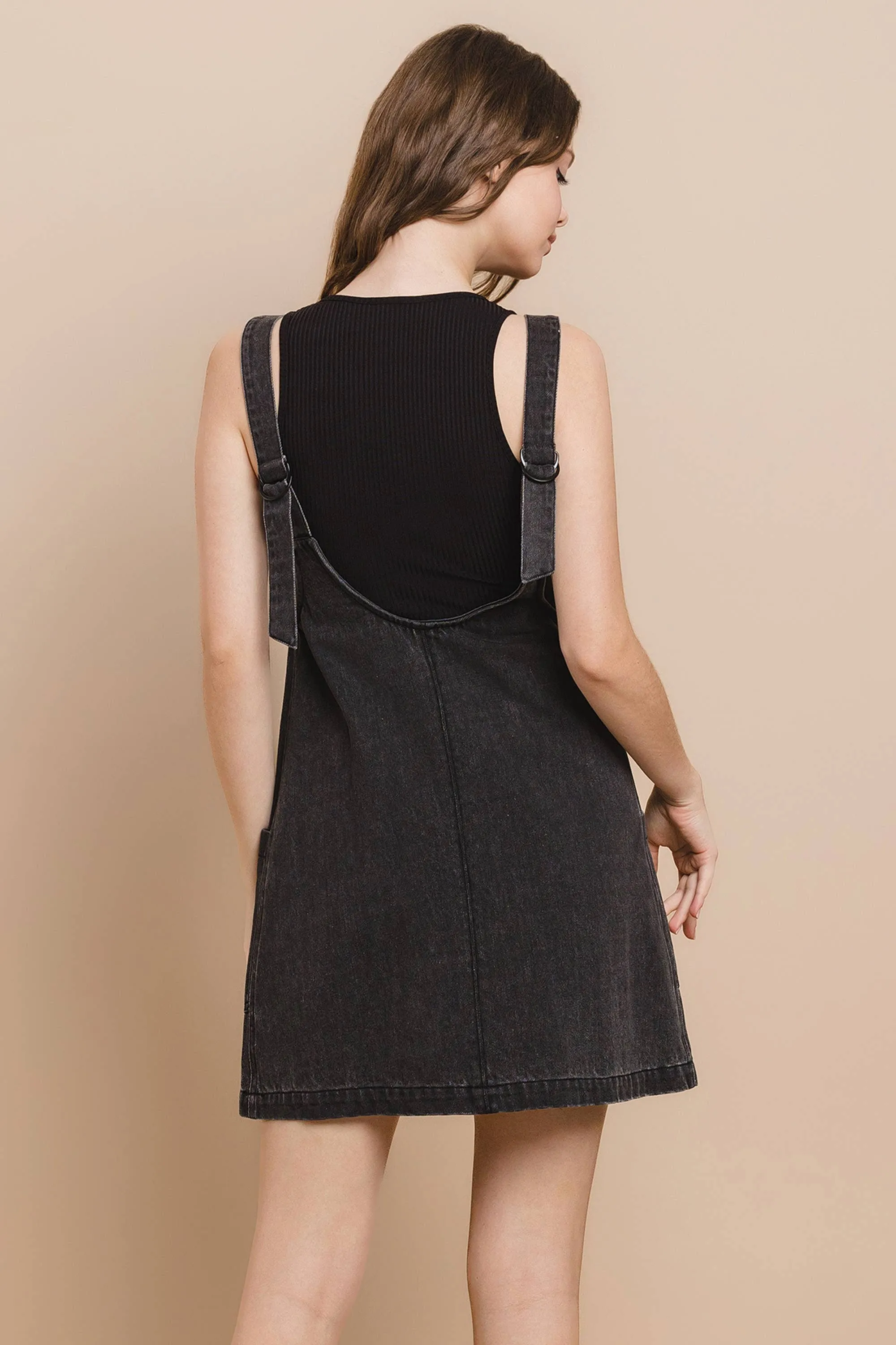 Charcoal Black Denim Overall Dress with Front Pockets
