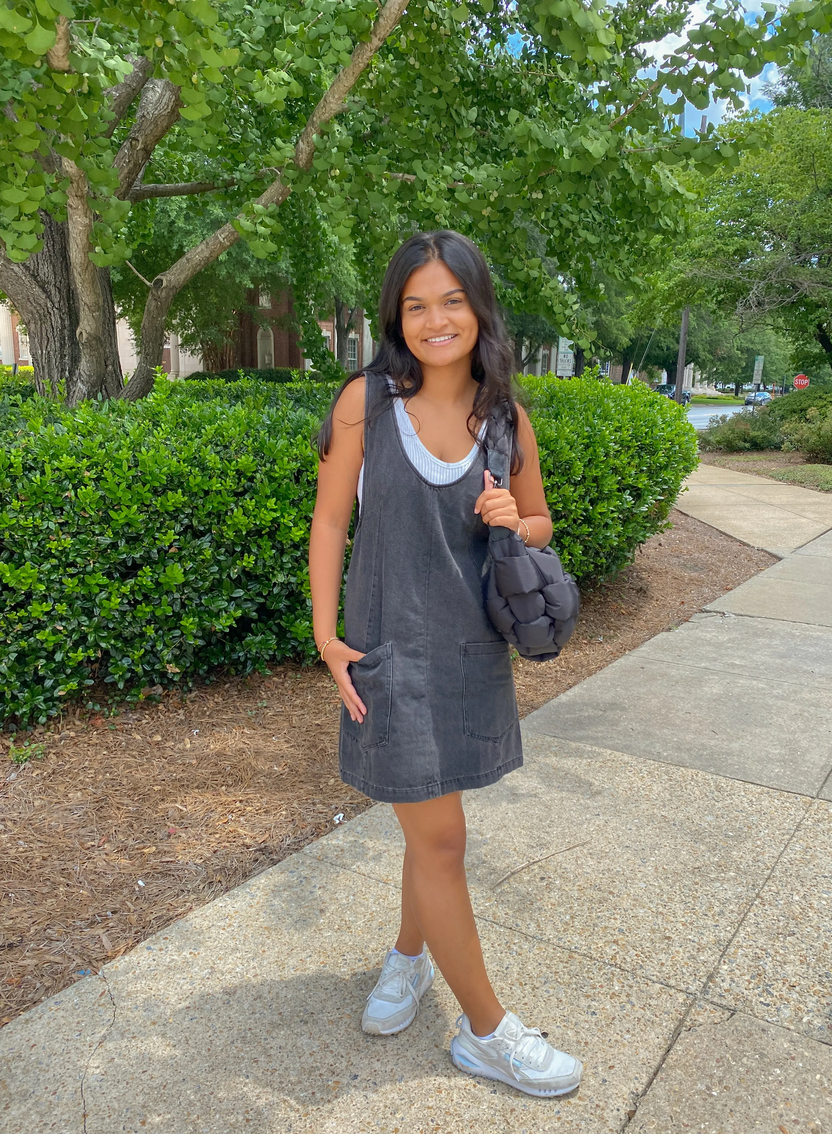 Charcoal Black Denim Overall Dress with Front Pockets