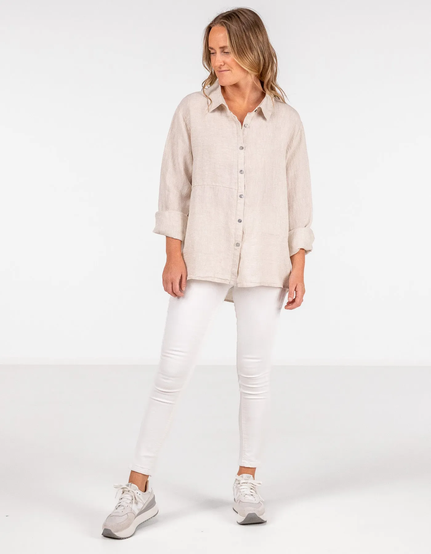 Charlie Long Sleeve Button Front Shirt in Beige Linen
