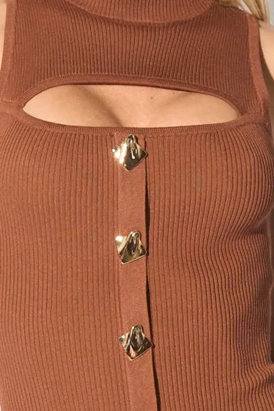 CHIC SWEATER RIB KNIT GOLD BUTTONS DOWN MIDI DRESS