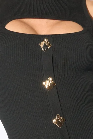 CHIC SWEATER RIB KNIT GOLD BUTTONS DOWN MIDI DRESS