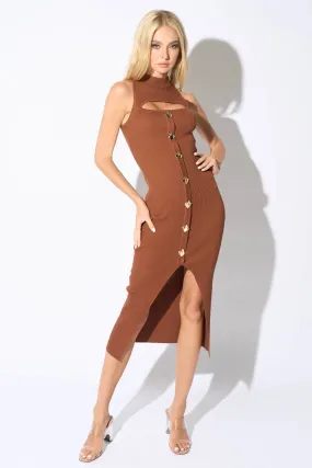 CHIC SWEATER RIB KNIT GOLD BUTTONS DOWN MIDI DRESS