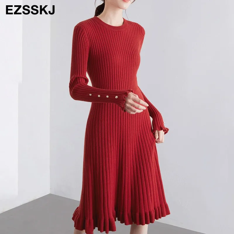 Christmas Gift Deanwangkt autumn winter thick Mermaid sweater dress elegant knit Trumpet dress women slim midi dress Female chic knit elegant dress