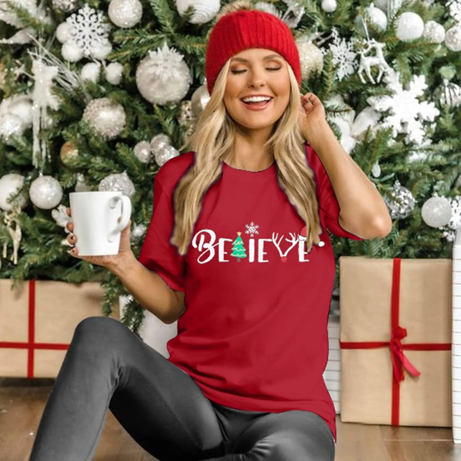 Christmas Shirt for Women Believe Letter Print T Shirts Xmas Holiday Short Sleeve Pullover s
