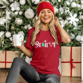 Christmas Shirt for Women Believe Letter Print T Shirts Xmas Holiday Short Sleeve Pullover s