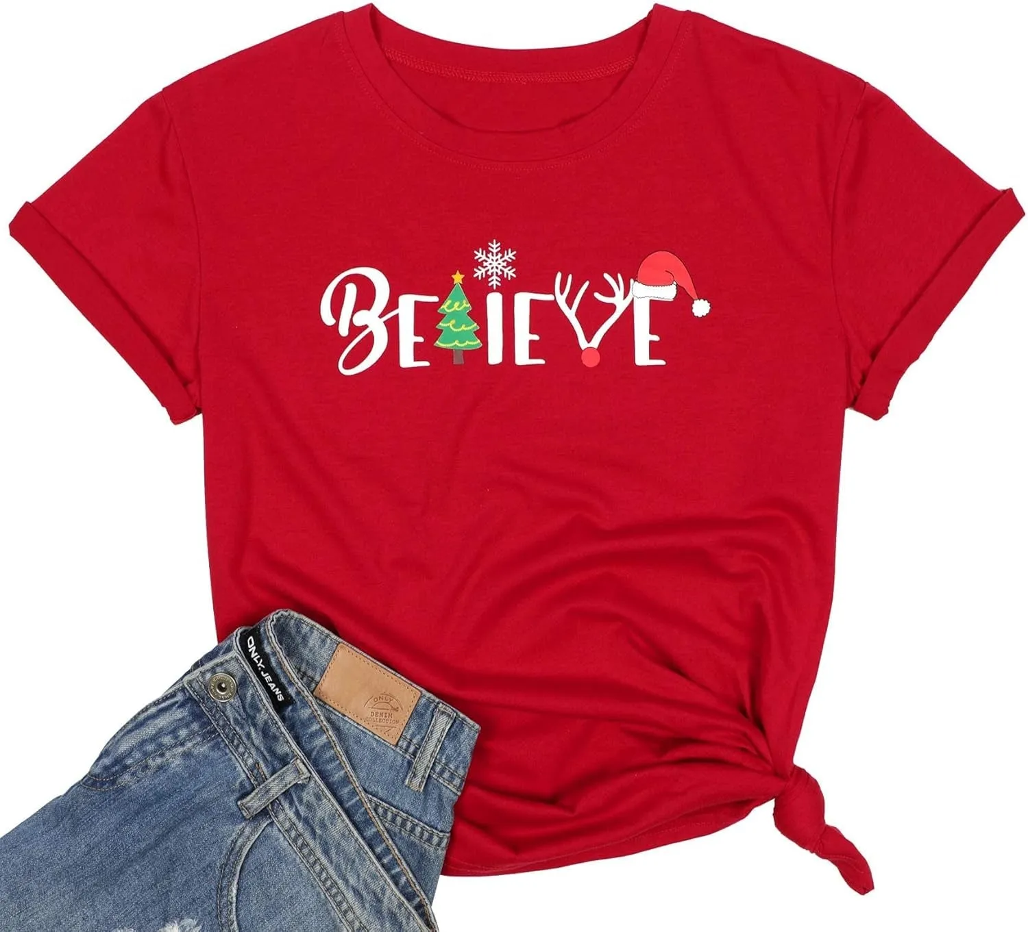Christmas Shirt for Women Believe Letter Print T Shirts Xmas Holiday Short Sleeve Pullover s