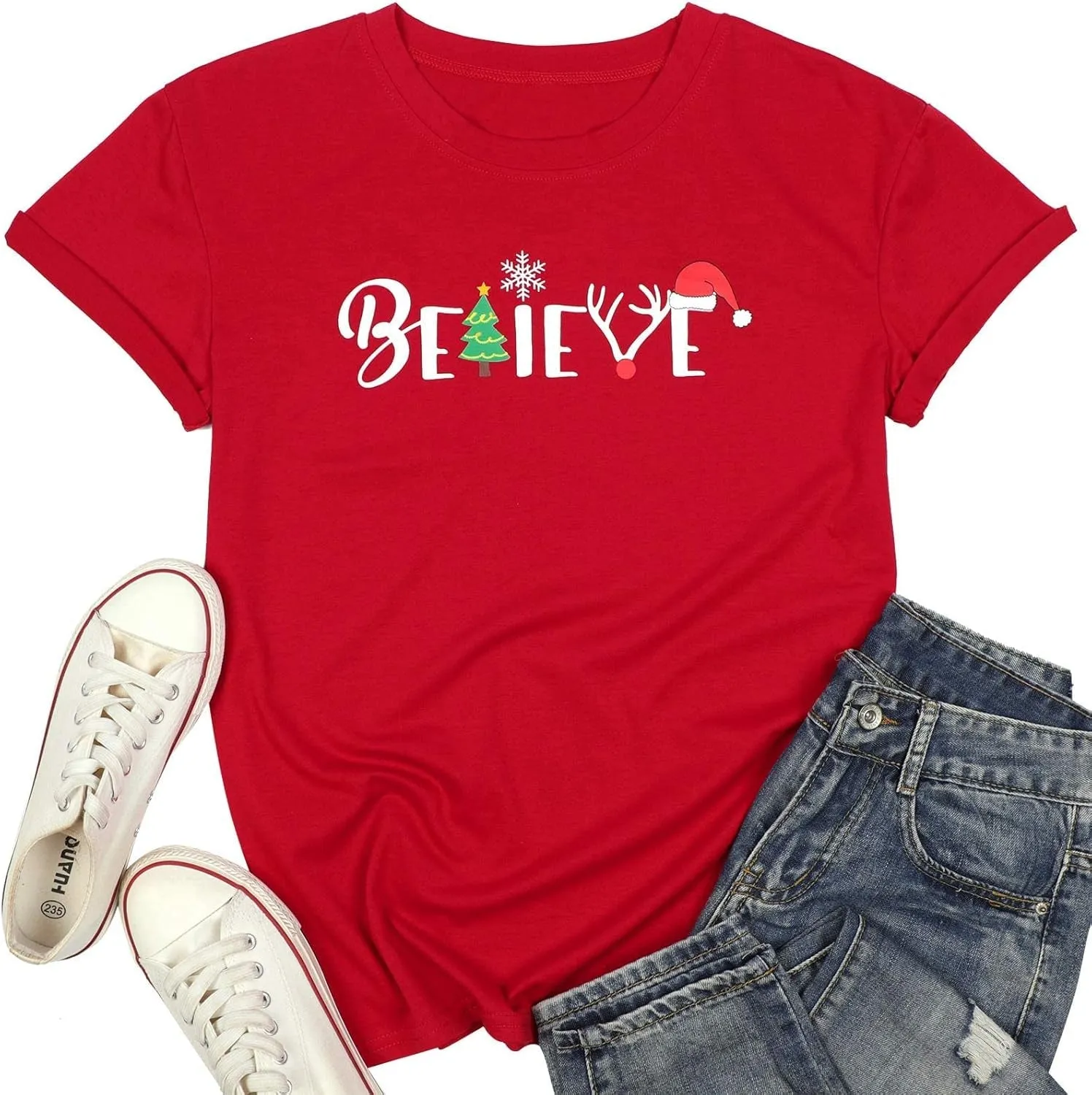 Christmas Shirt for Women Believe Letter Print T Shirts Xmas Holiday Short Sleeve Pullover s