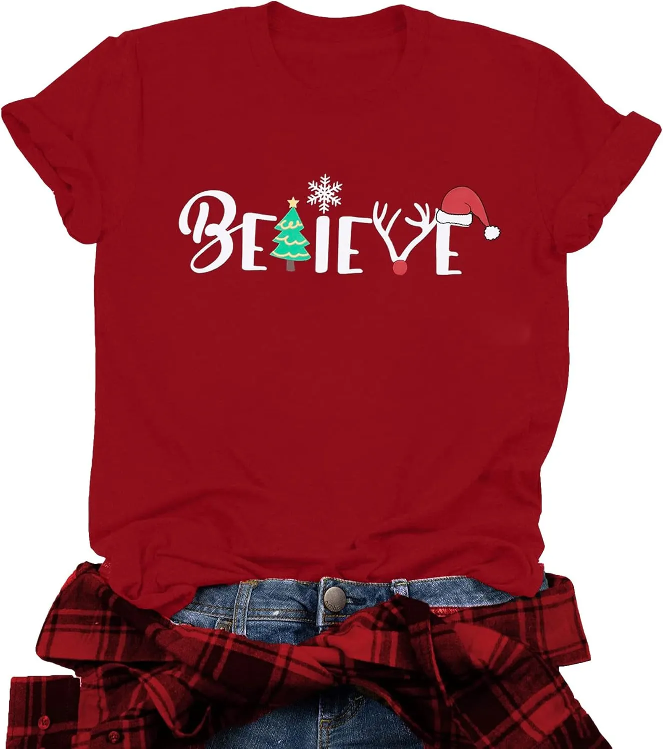 Christmas Shirt for Women Believe Letter Print T Shirts Xmas Holiday Short Sleeve Pullover s