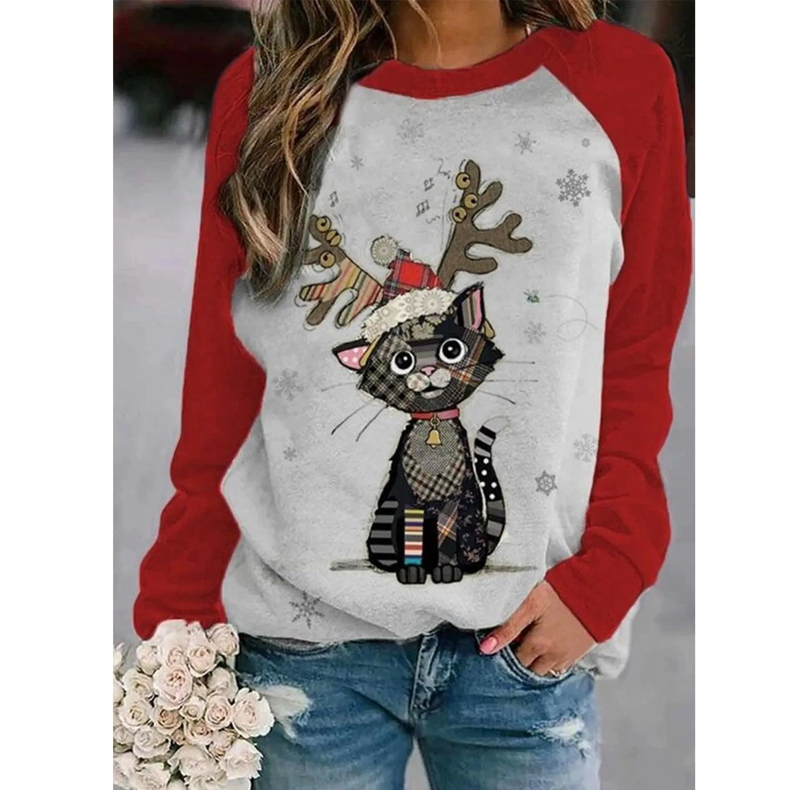 Christmas Snowman Fawn Print Crew Neck Loose Long Sleeve T-Shirt Women