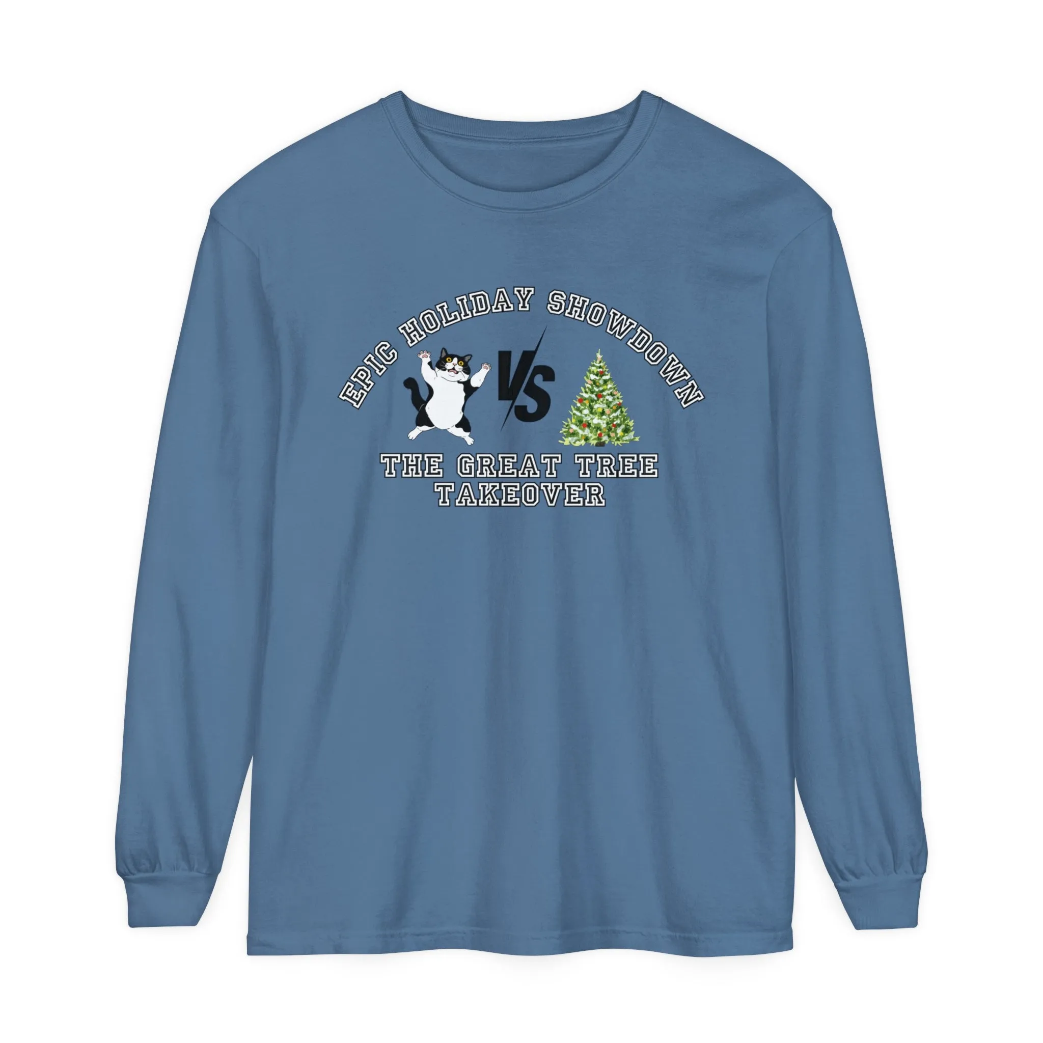 Comfort Colors Garment-Dyed Long Sleeve T-Shirt - 'Epic Holiday Showdown: The Great Tree Takeover' Cat & Christmas Tree Tee