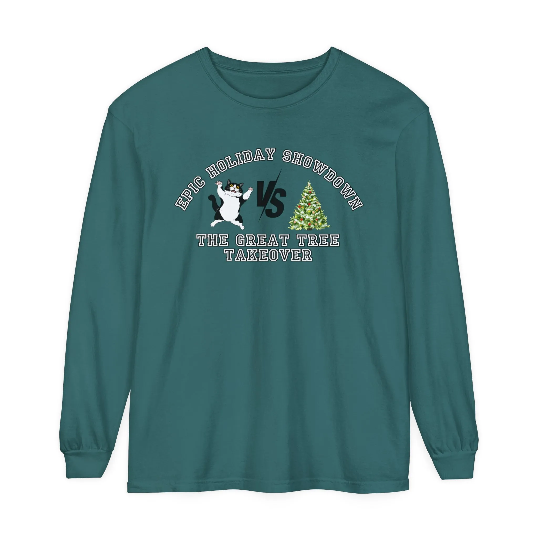 Comfort Colors Garment-Dyed Long Sleeve T-Shirt - 'Epic Holiday Showdown: The Great Tree Takeover' Cat & Christmas Tree Tee
