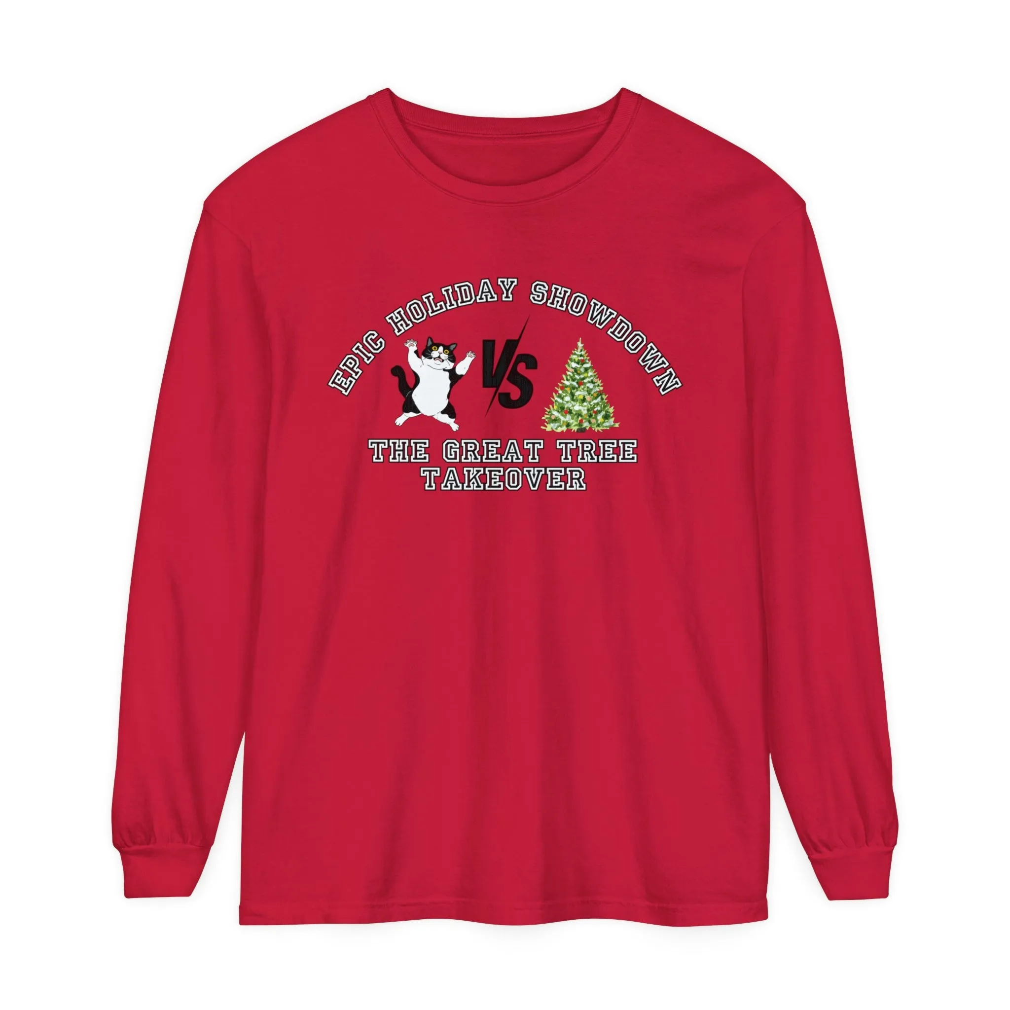 Comfort Colors Garment-Dyed Long Sleeve T-Shirt - 'Epic Holiday Showdown: The Great Tree Takeover' Cat & Christmas Tree Tee