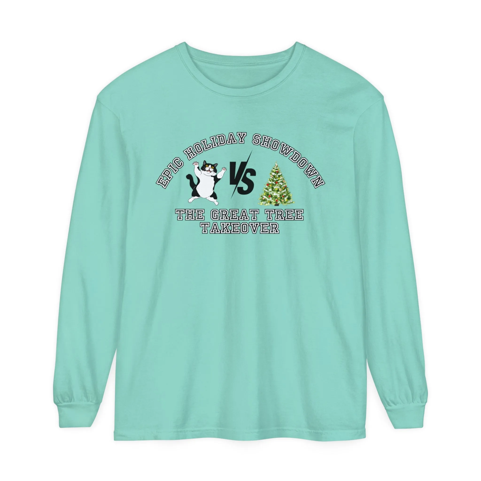 Comfort Colors Garment-Dyed Long Sleeve T-Shirt - 'Epic Holiday Showdown: The Great Tree Takeover' Cat & Christmas Tree Tee