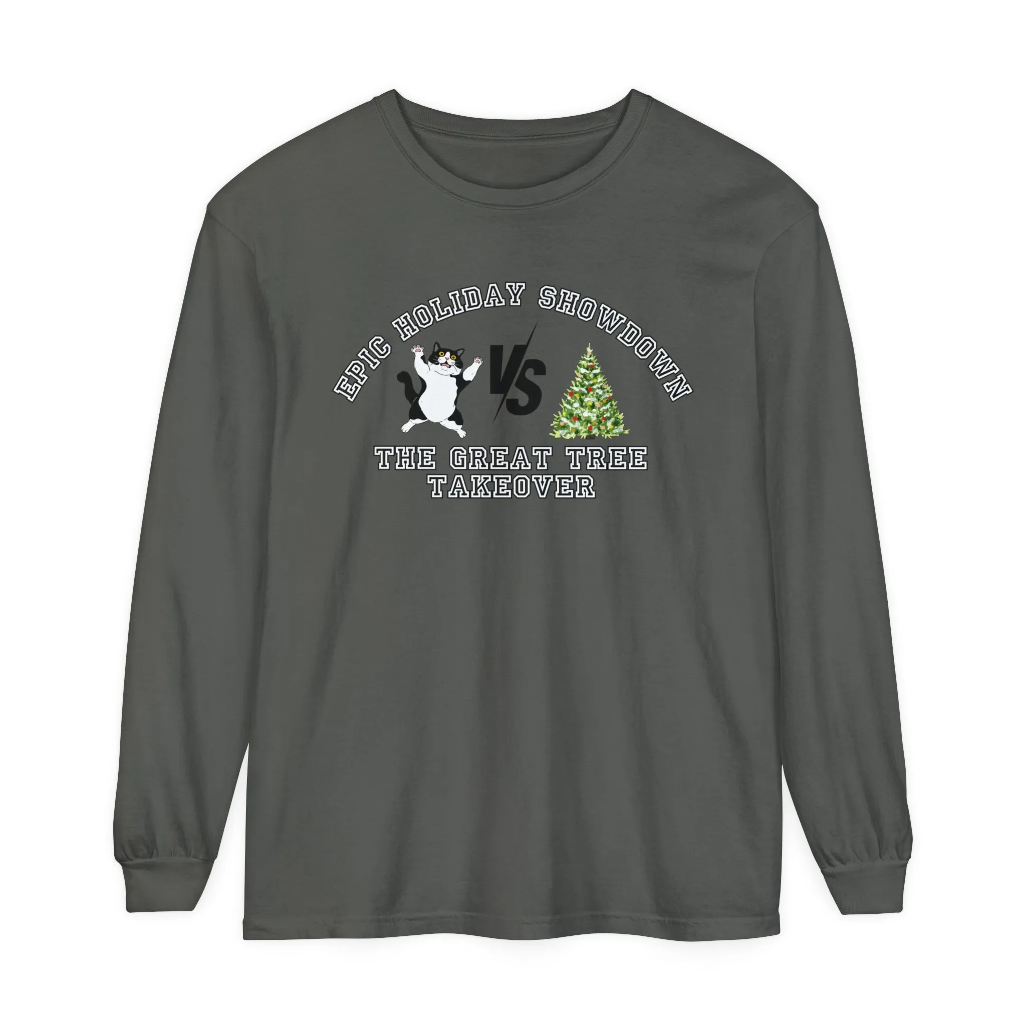 Comfort Colors Garment-Dyed Long Sleeve T-Shirt - 'Epic Holiday Showdown: The Great Tree Takeover' Cat & Christmas Tree Tee