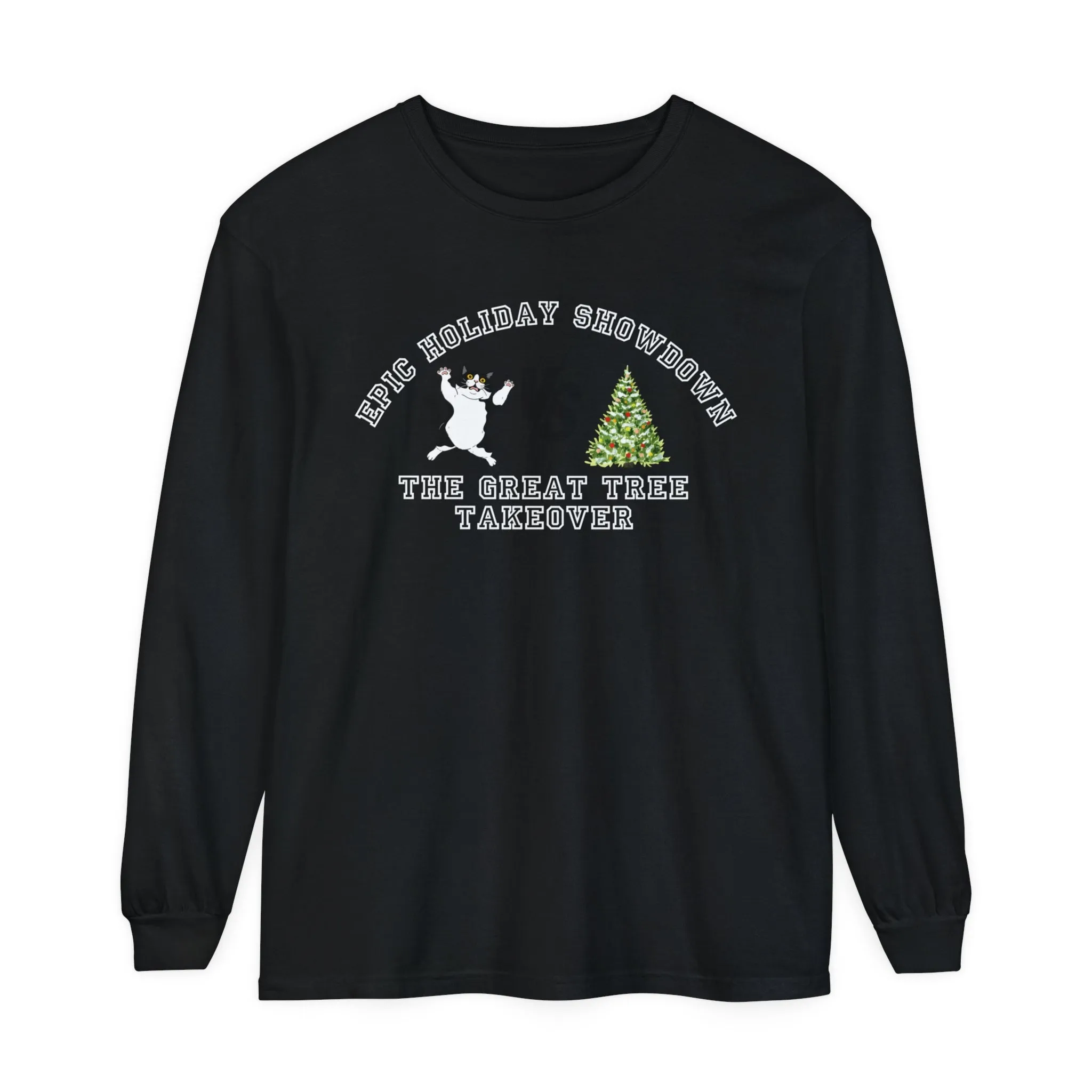 Comfort Colors Garment-Dyed Long Sleeve T-Shirt - 'Epic Holiday Showdown: The Great Tree Takeover' Cat & Christmas Tree Tee