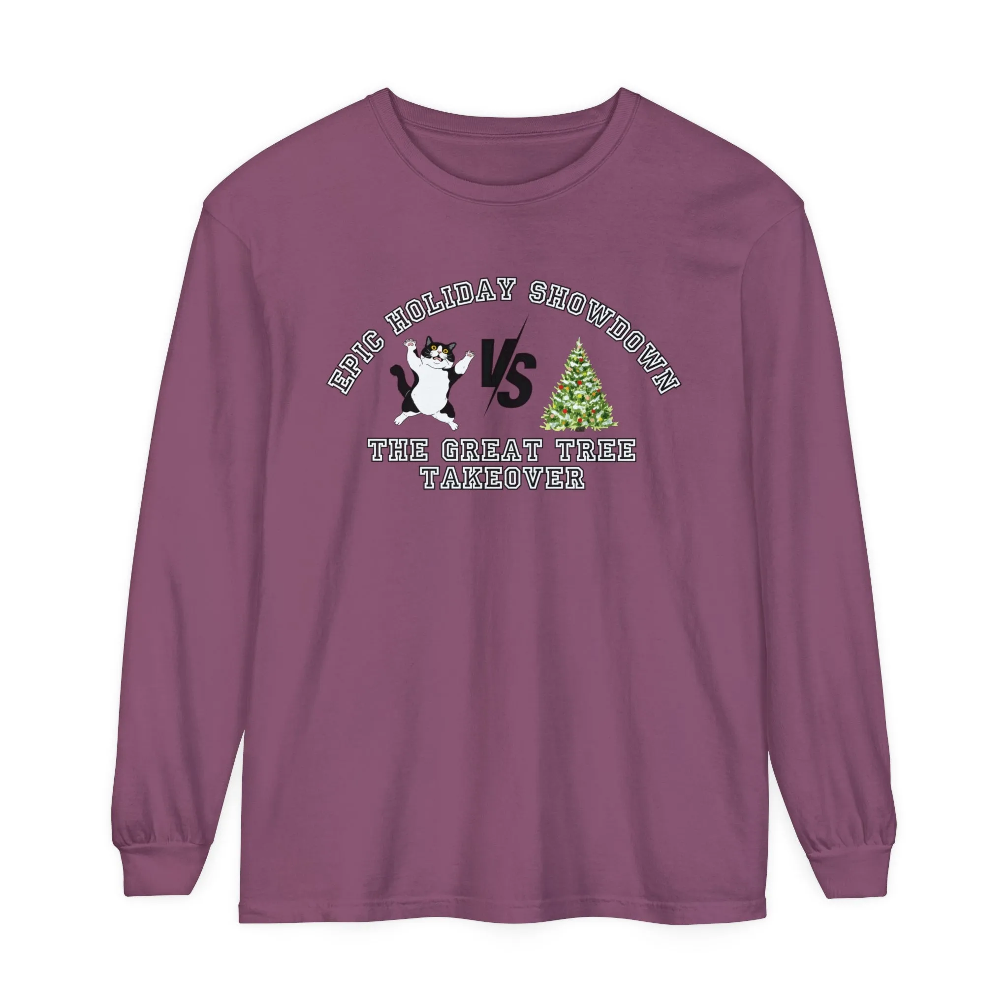 Comfort Colors Garment-Dyed Long Sleeve T-Shirt - 'Epic Holiday Showdown: The Great Tree Takeover' Cat & Christmas Tree Tee