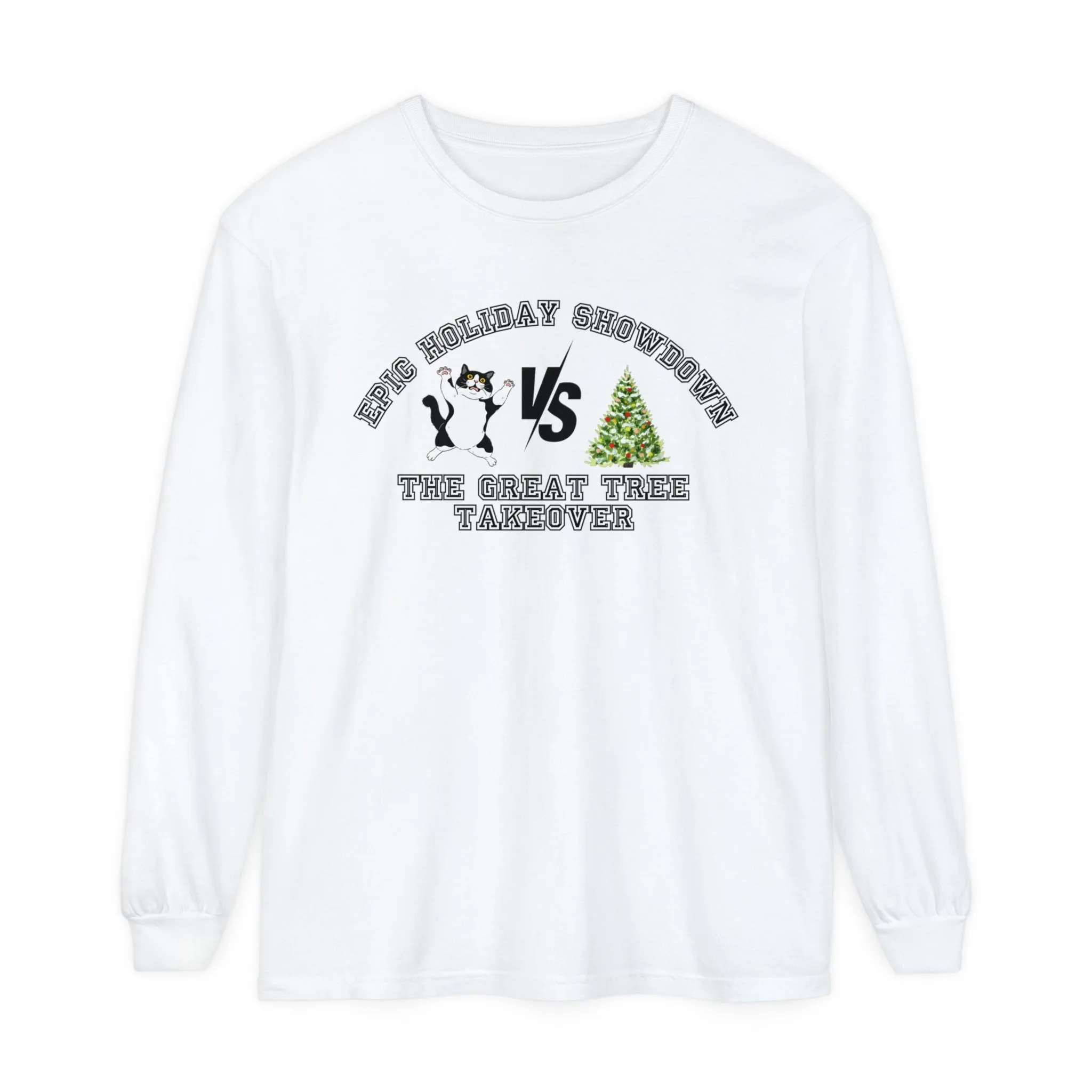 Comfort Colors Garment-Dyed Long Sleeve T-Shirt - 'Epic Holiday Showdown: The Great Tree Takeover' Cat & Christmas Tree Tee