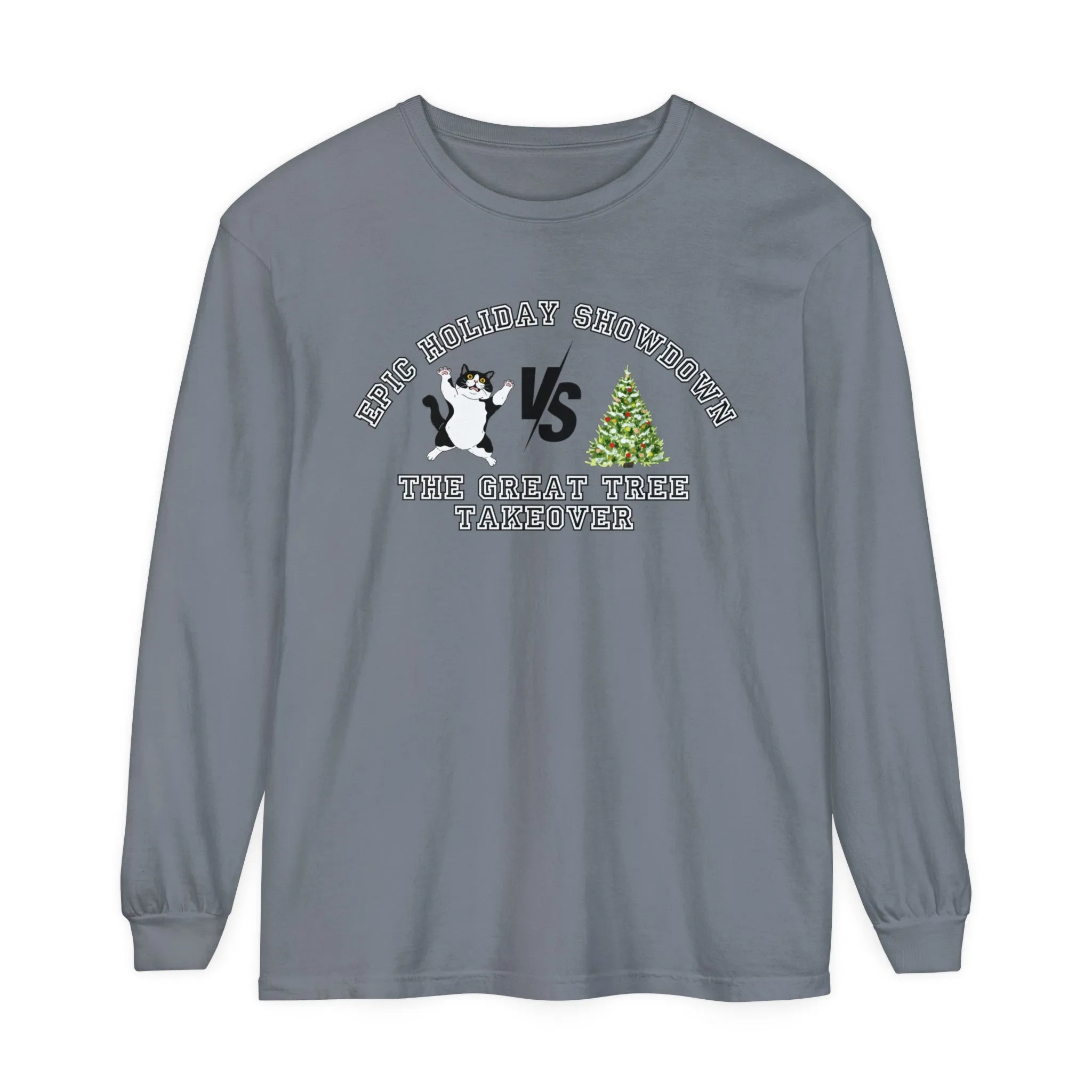 Comfort Colors Garment-Dyed Long Sleeve T-Shirt - 'Epic Holiday Showdown: The Great Tree Takeover' Cat & Christmas Tree Tee