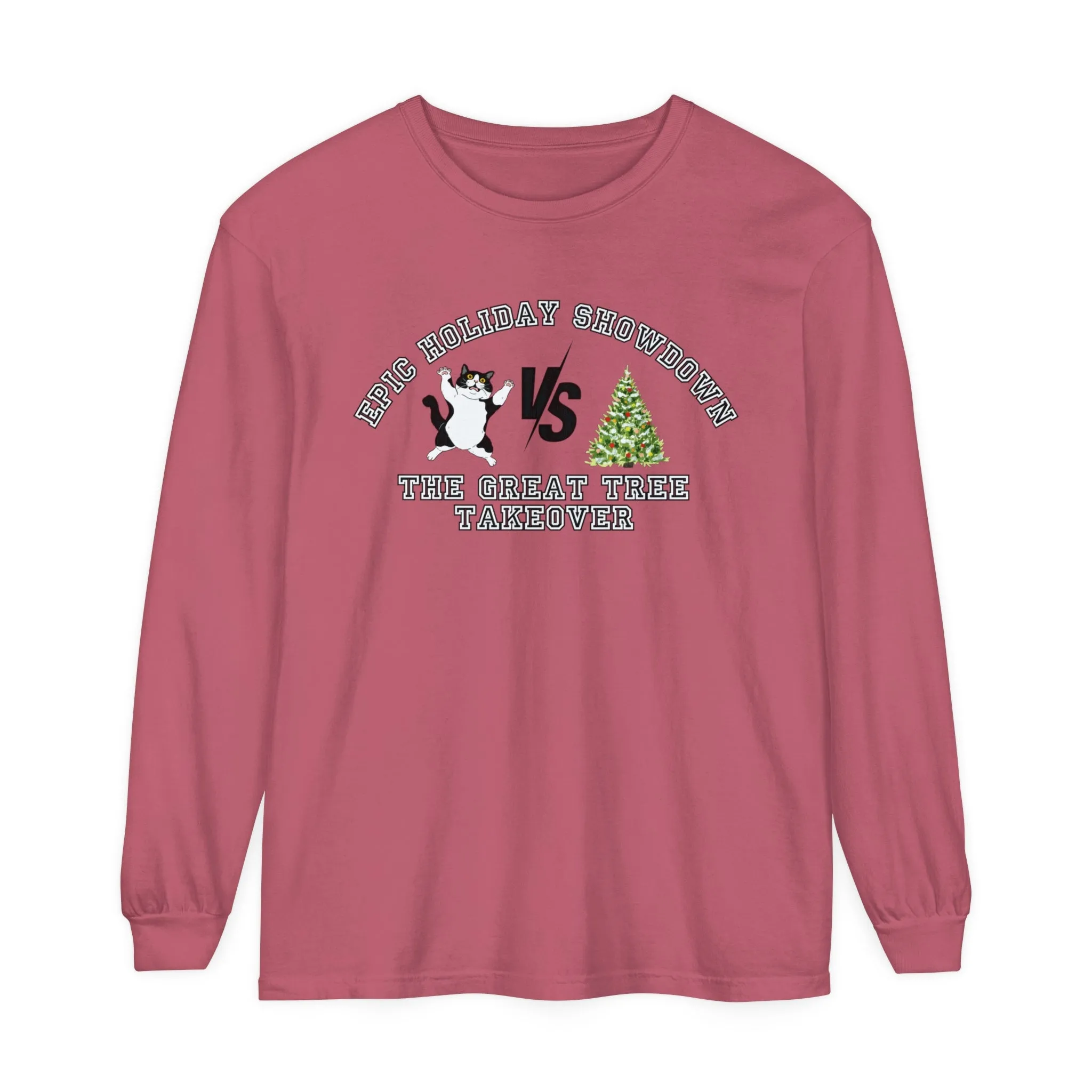 Comfort Colors Garment-Dyed Long Sleeve T-Shirt - 'Epic Holiday Showdown: The Great Tree Takeover' Cat & Christmas Tree Tee