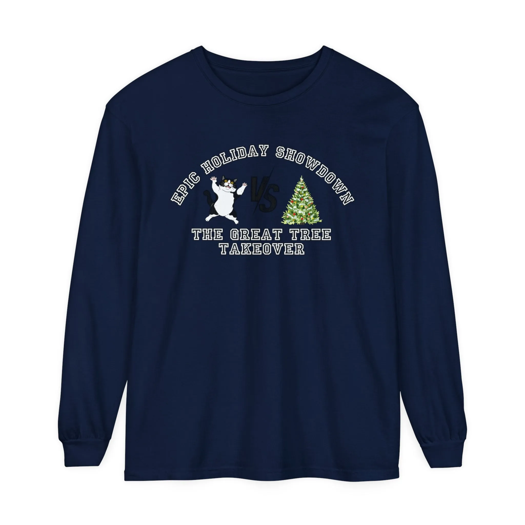Comfort Colors Garment-Dyed Long Sleeve T-Shirt - 'Epic Holiday Showdown: The Great Tree Takeover' Cat & Christmas Tree Tee
