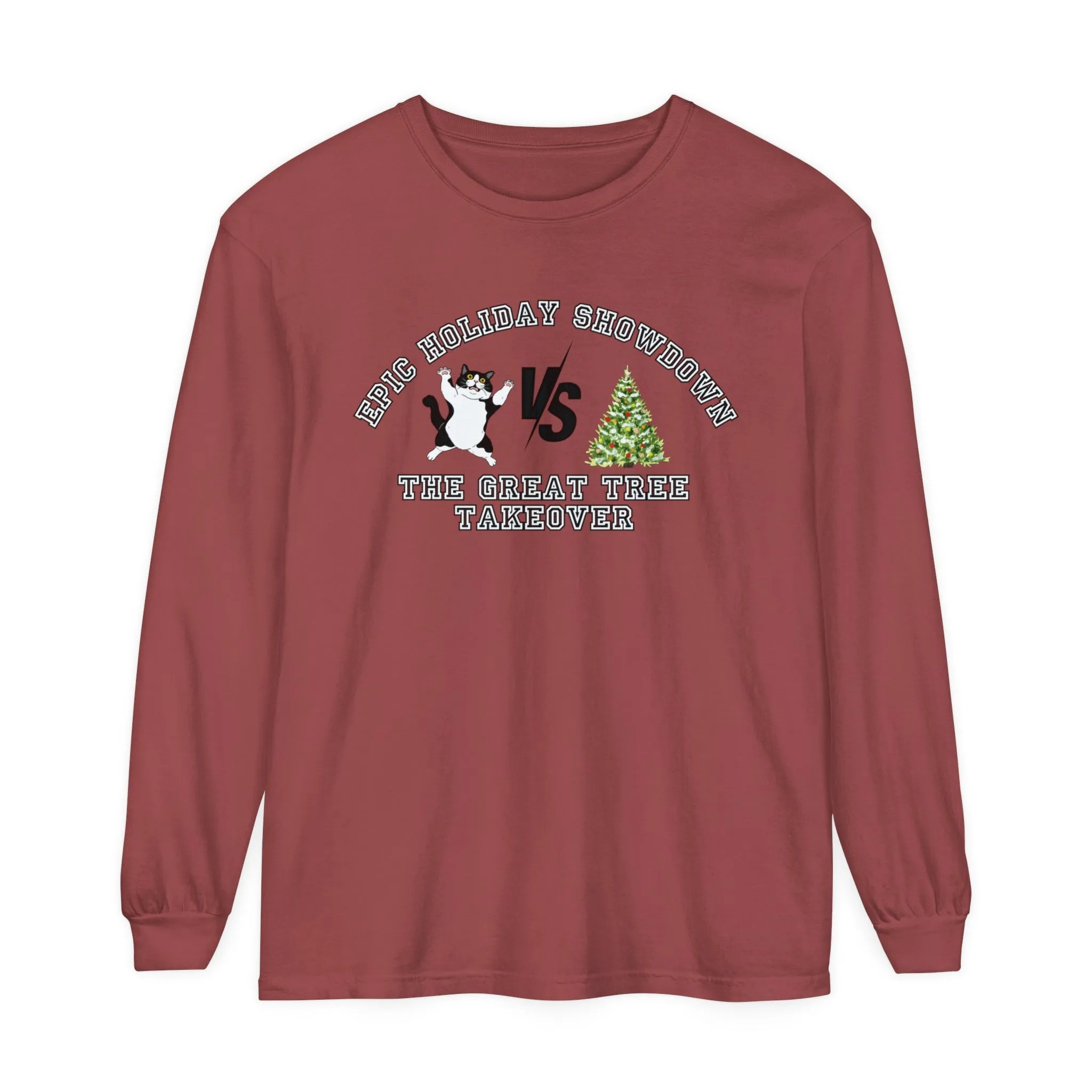 Comfort Colors Garment-Dyed Long Sleeve T-Shirt - 'Epic Holiday Showdown: The Great Tree Takeover' Cat & Christmas Tree Tee