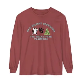 Comfort Colors Garment-Dyed Long Sleeve T-Shirt - 'Epic Holiday Showdown: The Great Tree Takeover' Cat & Christmas Tree Tee