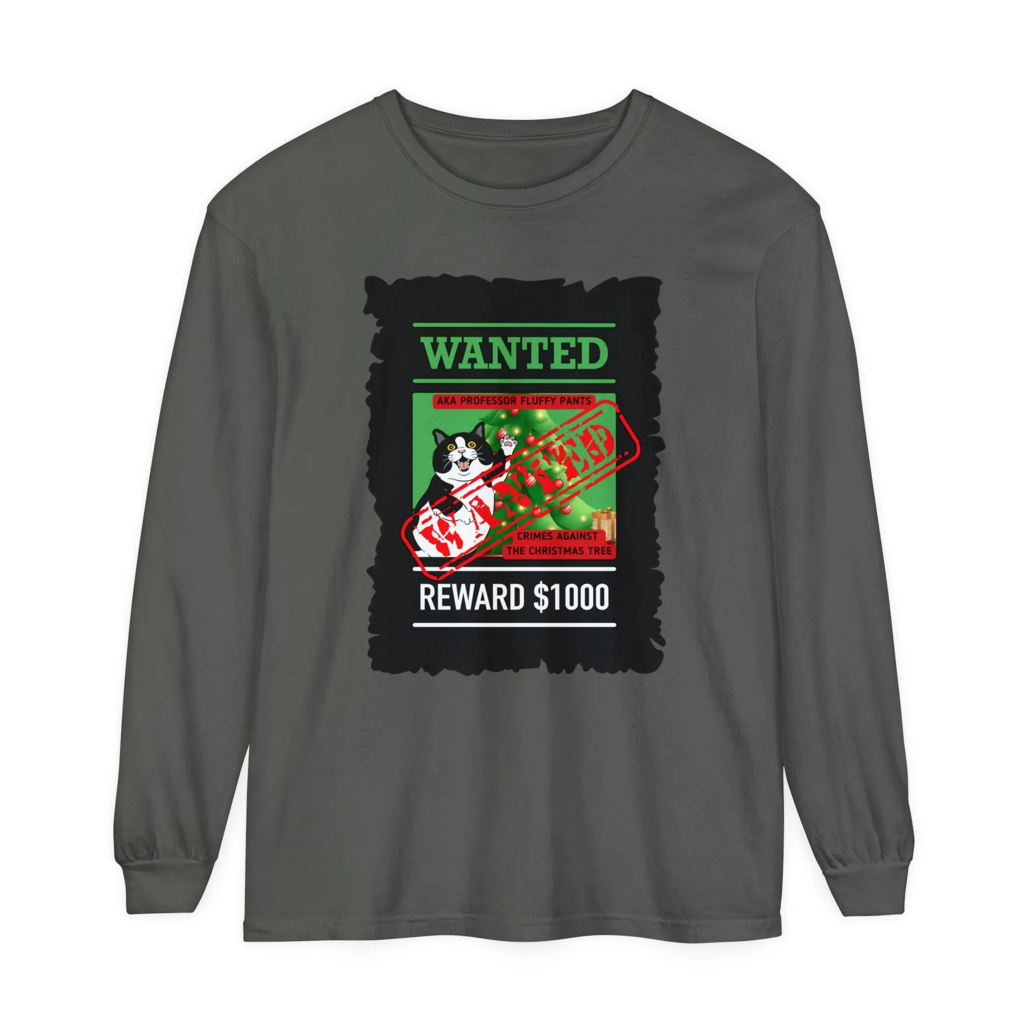 Comfort Colors Garment-Dyed Long Sleeve T-Shirt - 'Wanted Reward $1000' Mischievous Cat & Christmas Tree Tee