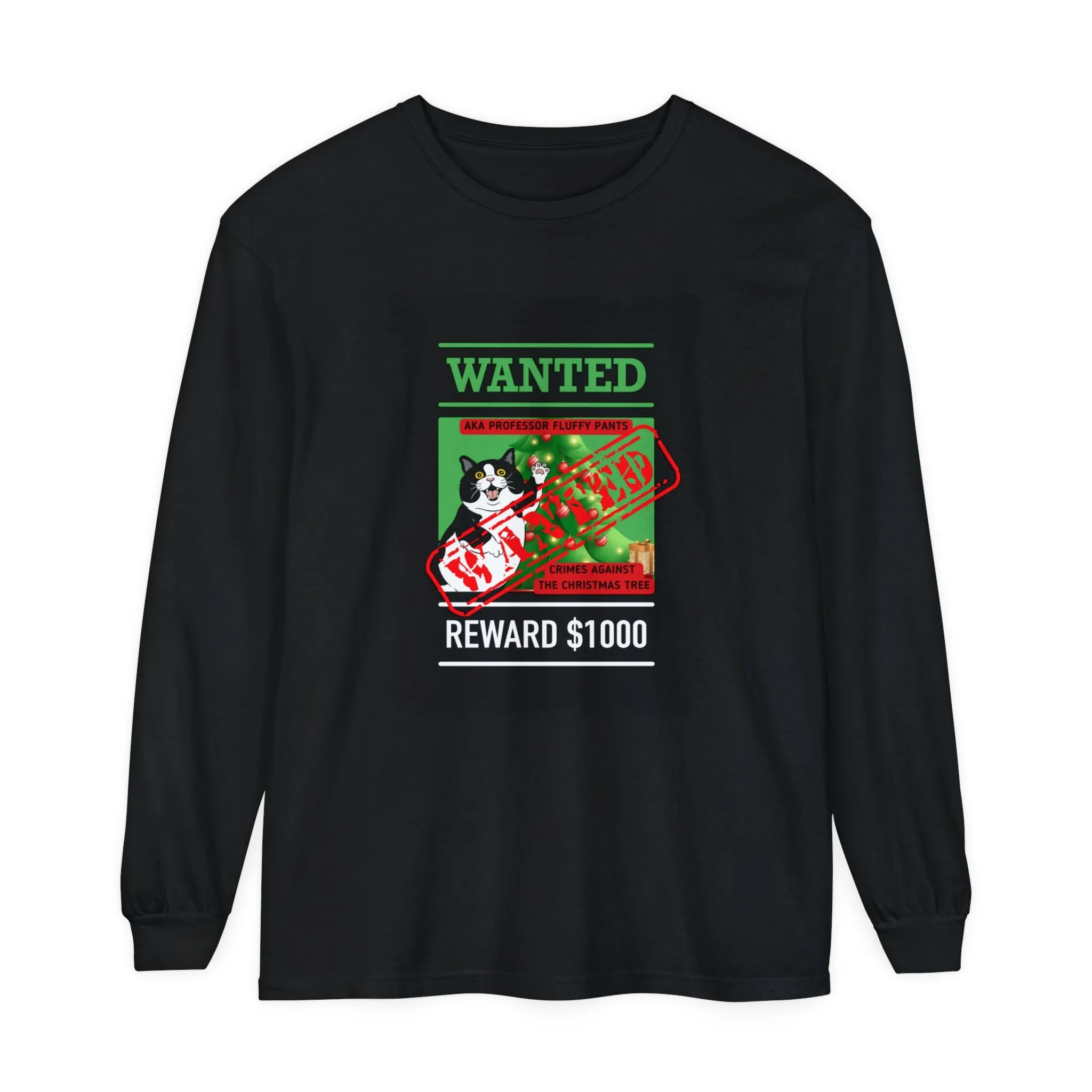Comfort Colors Garment-Dyed Long Sleeve T-Shirt - 'Wanted Reward $1000' Mischievous Cat & Christmas Tree Tee