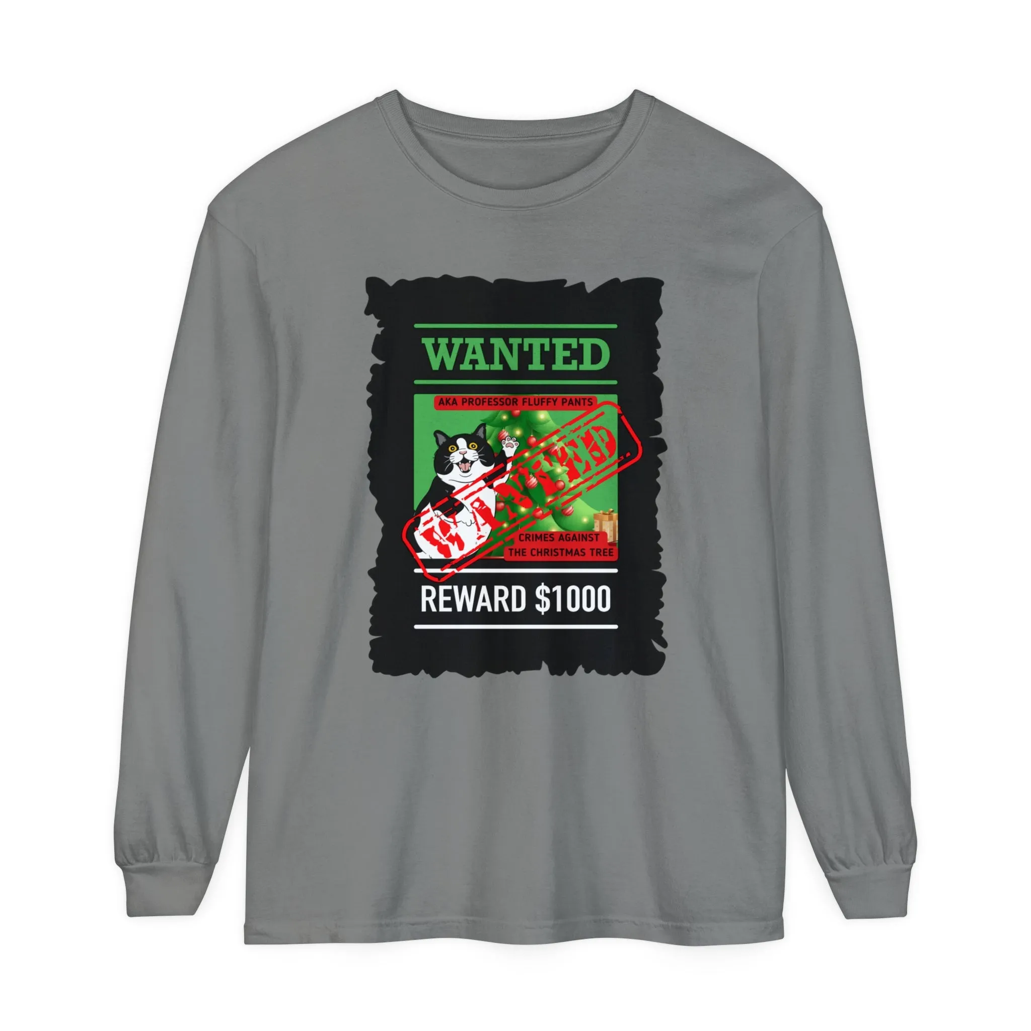 Comfort Colors Garment-Dyed Long Sleeve T-Shirt - 'Wanted Reward $1000' Mischievous Cat & Christmas Tree Tee
