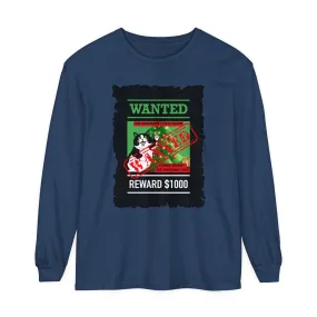 Comfort Colors Garment-Dyed Long Sleeve T-Shirt - 'Wanted Reward $1000' Mischievous Cat & Christmas Tree Tee